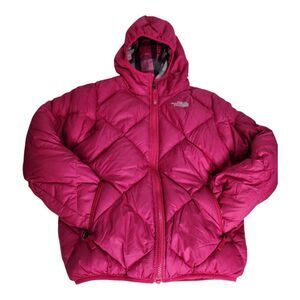 The North face 550 Youth Girls reversible Plaid Hoodie jacket down pink sz 10/12